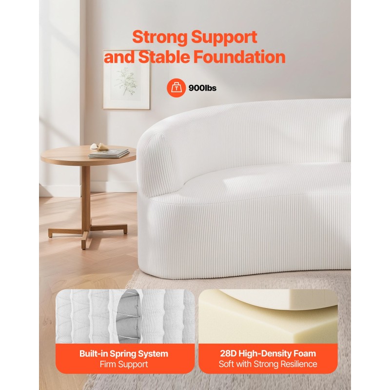 Sohva kaareva 2840 mm valkoinen samettimainen kangas syvä istuin