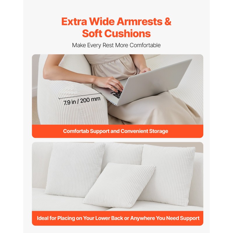 Sohva kaareva 2840 mm valkoinen samettimainen kangas syvä istuin