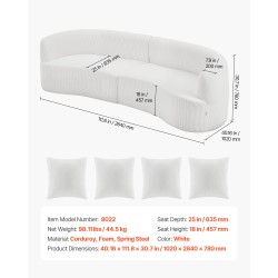 Sohva kaareva 2840 mm valkoinen samettimainen kangas syvä istuin