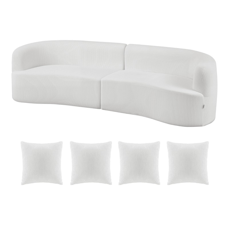 Sohva kaareva 2840 mm valkoinen samettimainen kangas syvä istuin