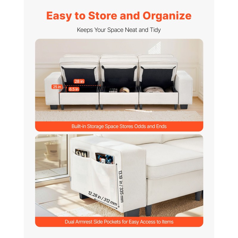 3-istuttava samettiverhoiltu sohva 2540 mm valkoinen säilytystilalla