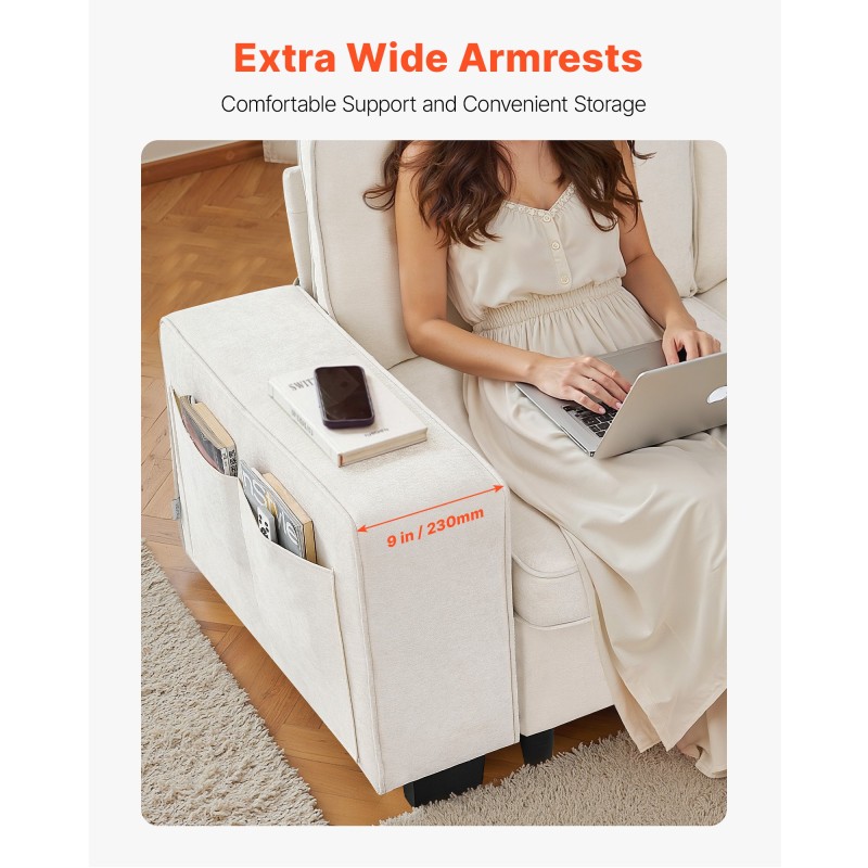 3-istuttava samettiverhoiltu sohva 2540 mm valkoinen säilytystilalla