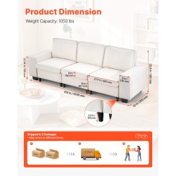 3-istuttava samettiverhoiltu sohva 2540 mm valkoinen säilytystilalla