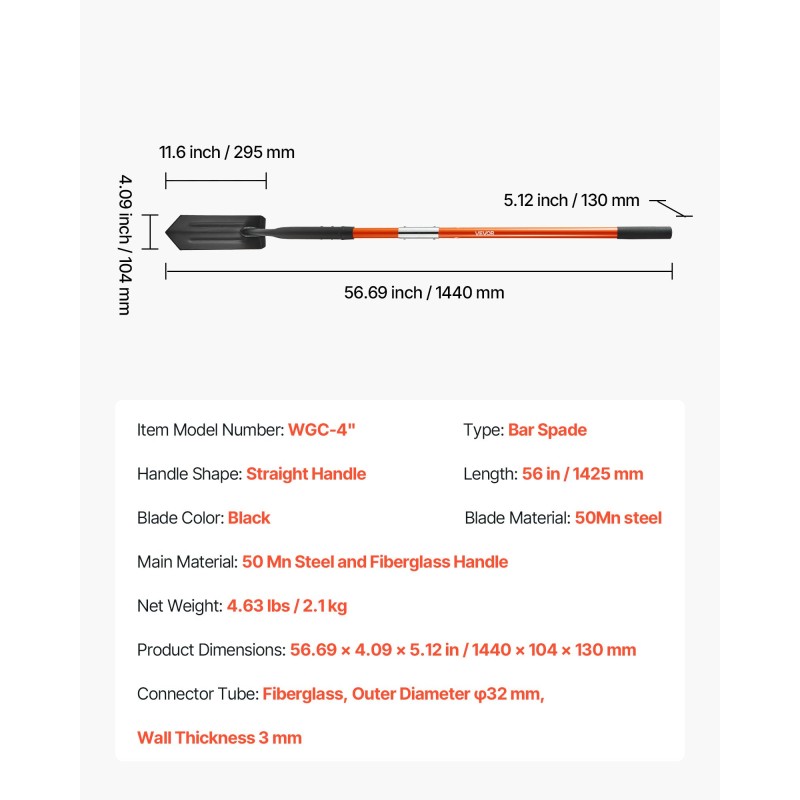 Kapea ojituslapio 10,4 cm seosteräksinen terä 1425 mm lasikuituvarsi