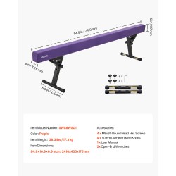 Voimistelupenkki lapsille säädettävä viisiportainen pyöristetty puuydin EVA violetti