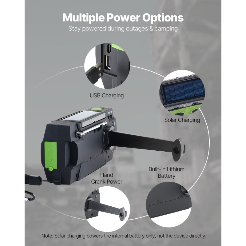 Käsikäyttöinen hätä- ja sääradio aurinko- ja USB-latauksella 4000mAh-akulla FM/AM/NOAA-tuella