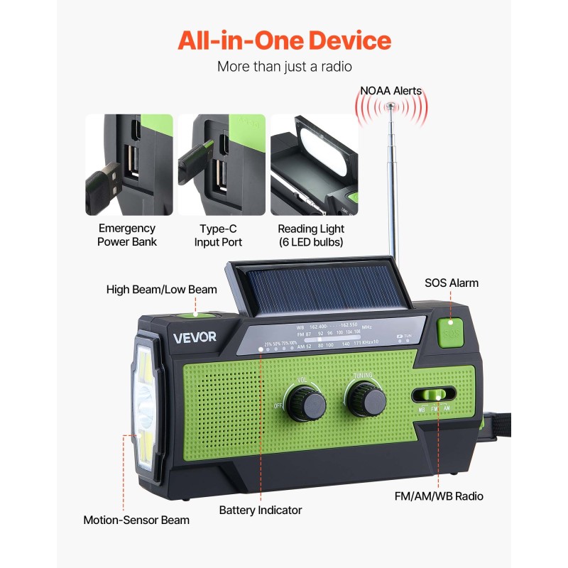 Käsikäyttöinen hätä- ja sääradio aurinko- ja USB-latauksella 4000mAh-akulla FM/AM/NOAA-tuella