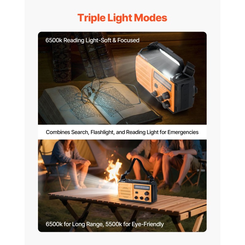 Hätäsääradio käsikampikäyttöinen aurinkokennolla 8000mAh akulla NOAA-hälytyksillä