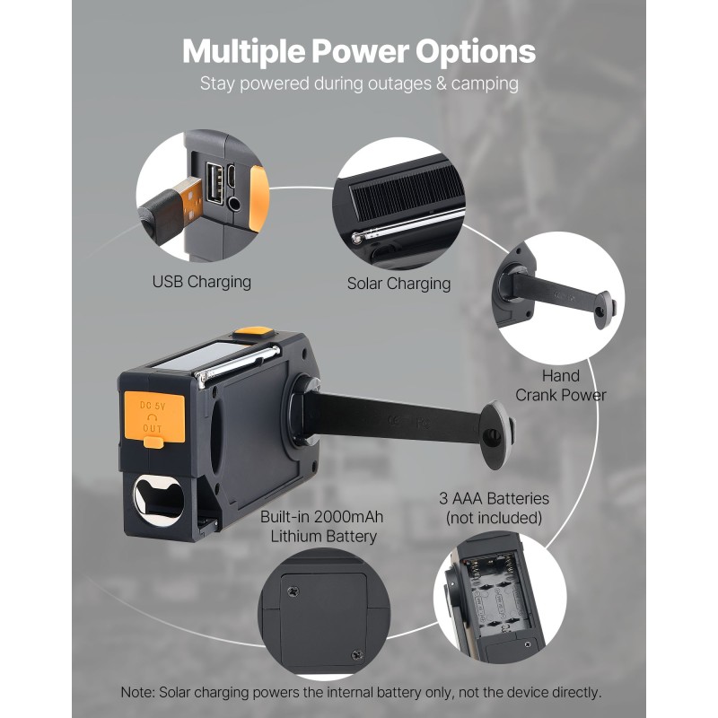 Hätä- ja sääradio käsikammella aurinkopaneelilla 2000mAh akulla FM AM NOAA
