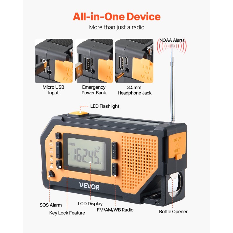 Hätä- ja sääradio käsikammella aurinkopaneelilla 2000mAh akulla FM AM NOAA