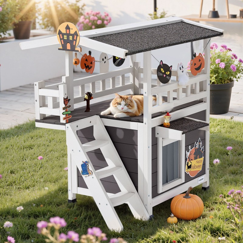 Kissatalo kaksikerroksinen kuusipuusta asfalttihuopakatolla portailla ja parvekkeella ulkokäyttöön ja sisäkäyttöön