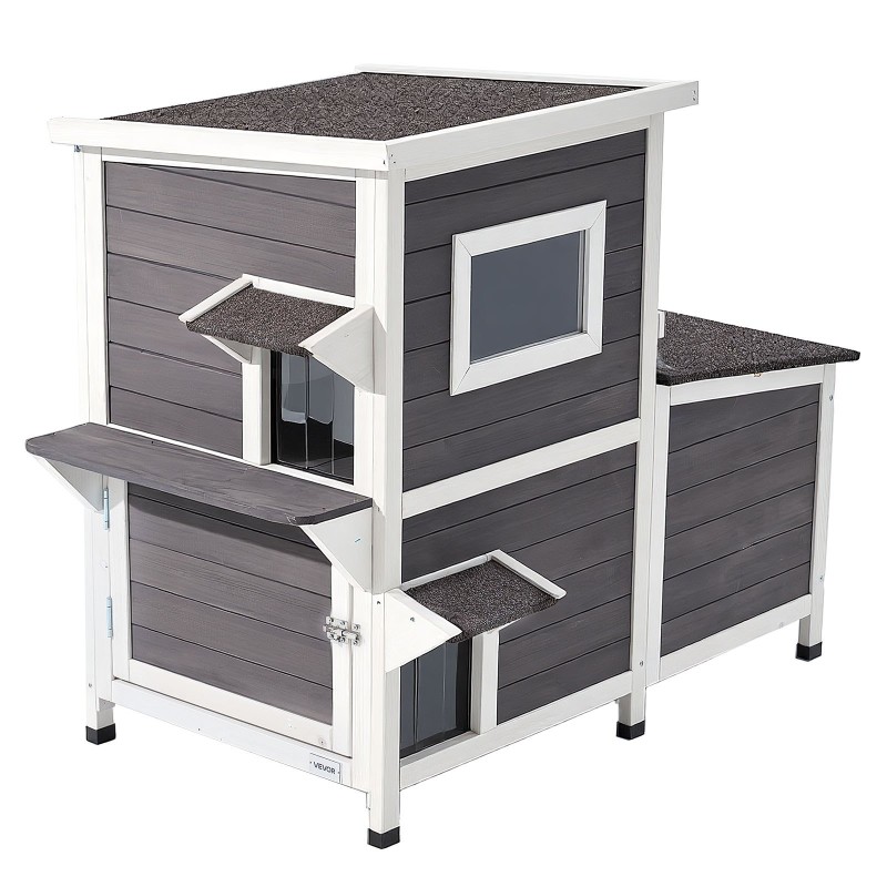 Puinen kaksikerroksinen ulkokissatalo massiivisesta kuusipuusta kolmelle kissalle asfalttihuopakatto korotettu pohja