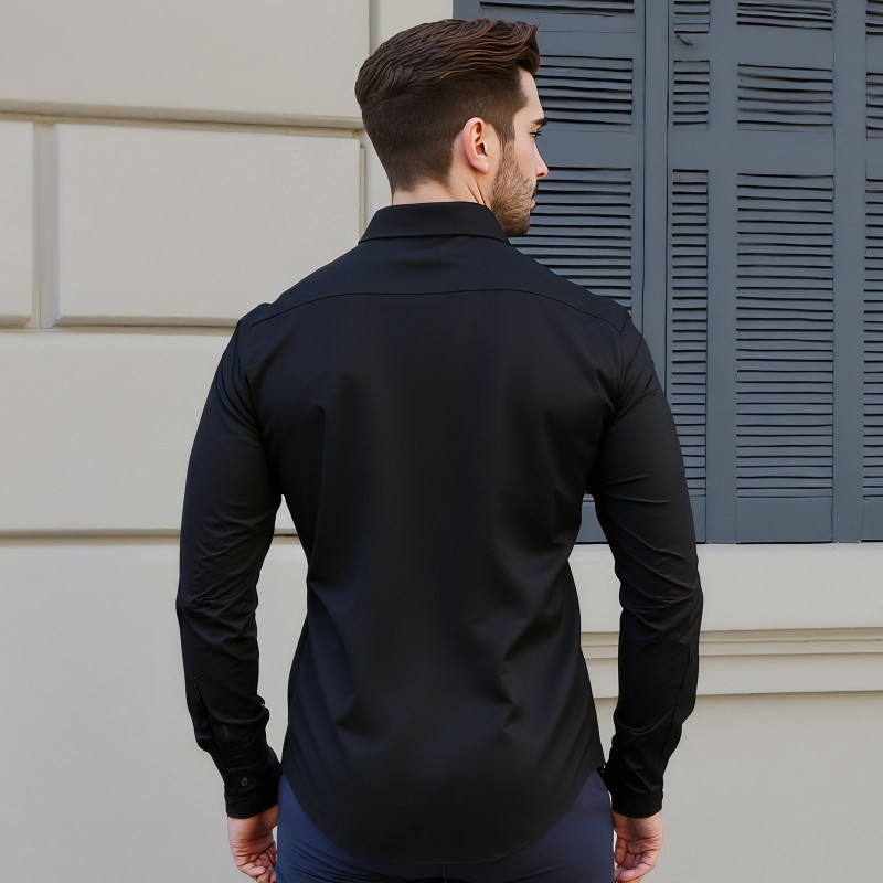 Miesten pitkähihainen kauluspaita puuvillasekoite musta koko L rypistymistä hylkivä joustava