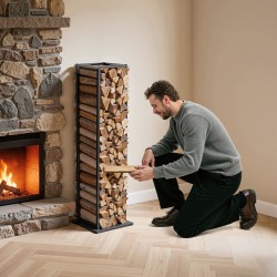 Polttopuuteline kapea korkea sisäkäyttöön jauhemaalattu teräs 33x32x112cm 45 kg