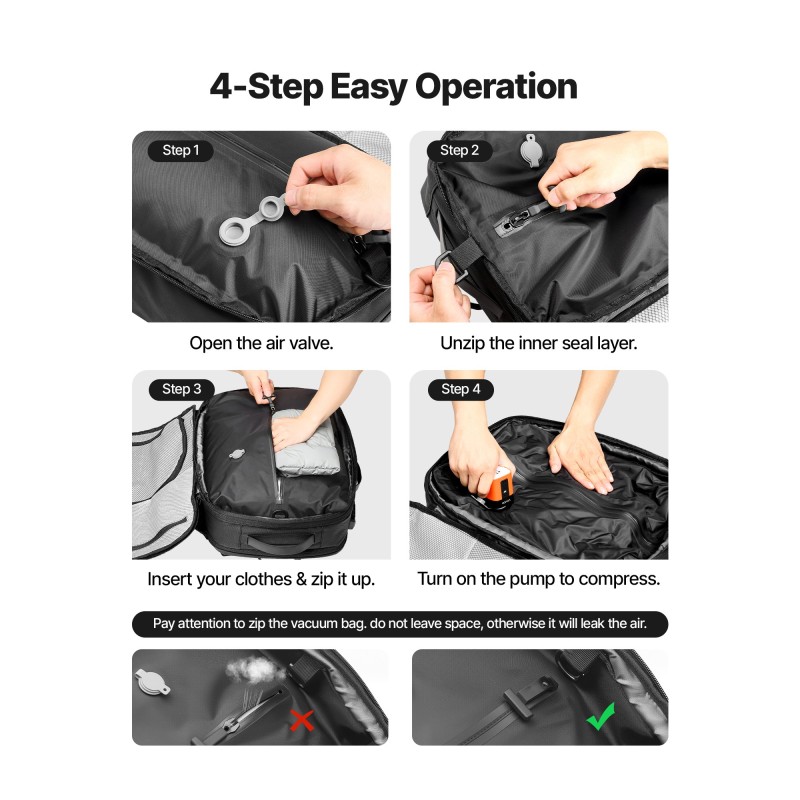 Tyhjiömatkareppu 35 l pumpulla musta vedenkestävä USB-latausportilla