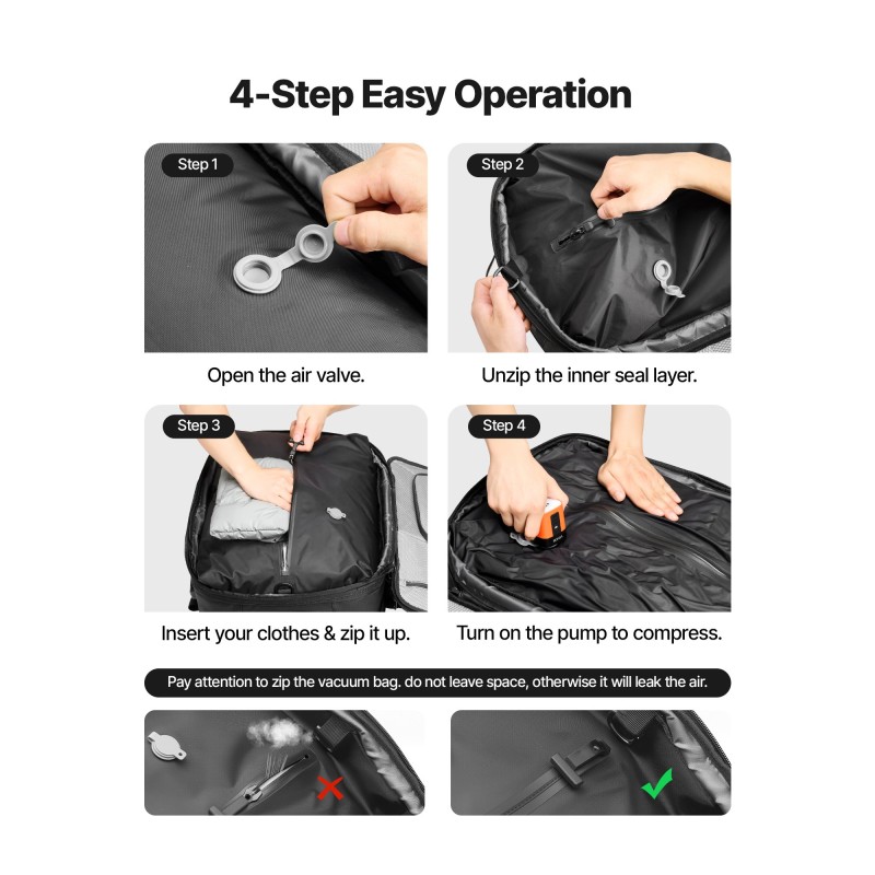 Matkareppu 80 l vakuumipumpulla vedenpitävä laajennettava monitaskuinen latausportilla turvalukolla