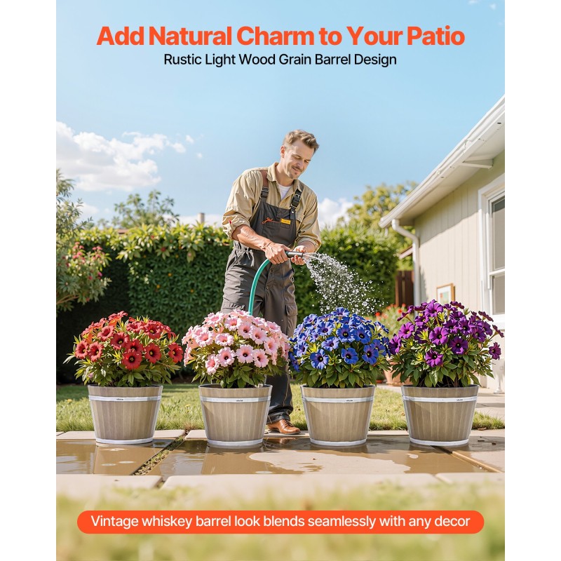 Tynnyrityyliset PP-muoviruukut 4 kpl noin 30 cm vaalea puunsyykuvio