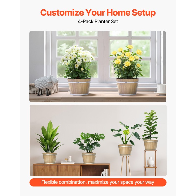 Tynnyrityyliset PP-muoviruukut 4 kpl noin 30 cm vaalea puunsyykuvio