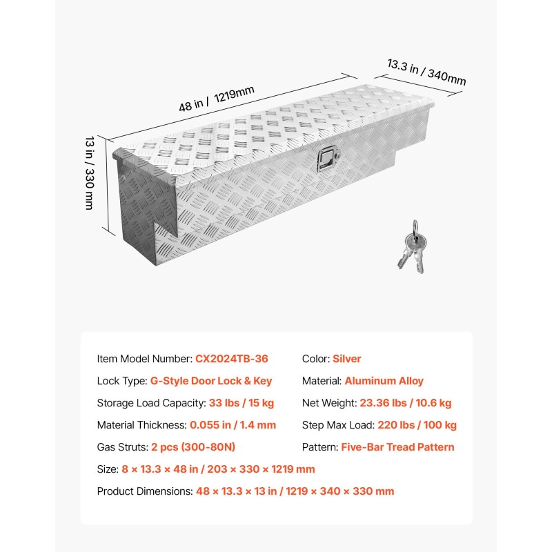 Alumiininen työkaluarkku 101 l lava-autoon hopea 1219 x 340 x 330 mm