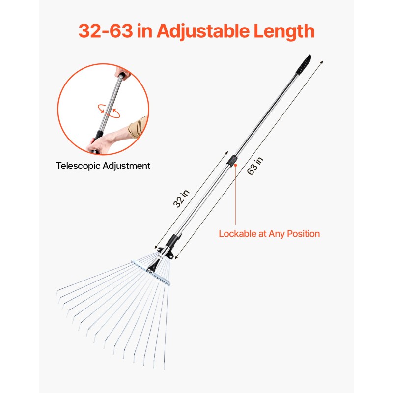 Lehtiharava ruostumattomasta teräksestä 15 piikkiä haravapää 19–57 cm teleskooppivarsi 81–160 cm