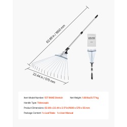 Lehtiharava ruostumattomasta teräksestä 15 piikkiä haravapää 19–57 cm teleskooppivarsi 81–160 cm