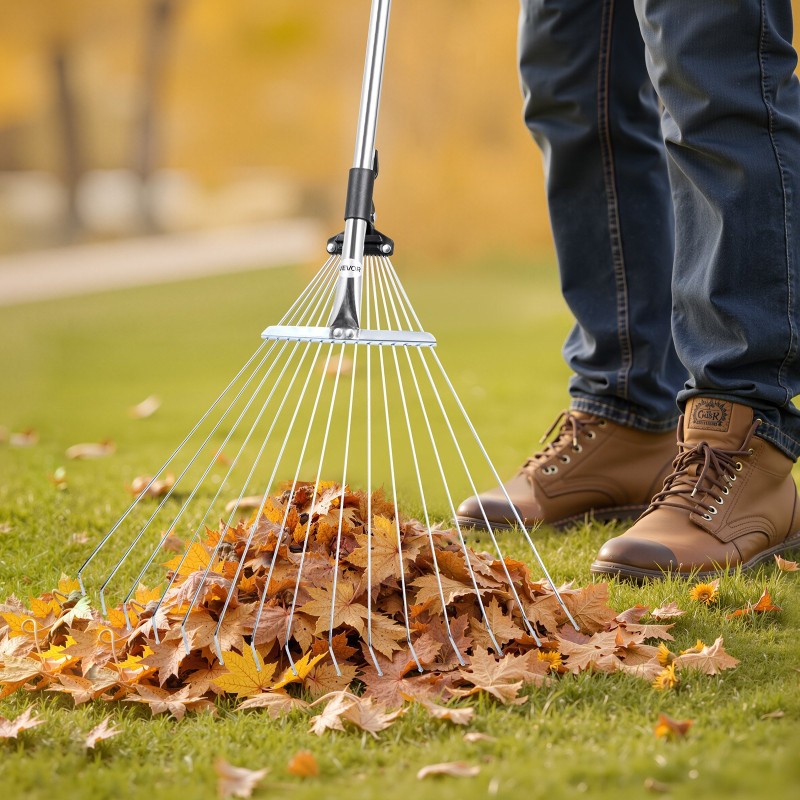 Lehtiharava ruostumattomasta teräksestä 15 piikkiä haravapää 19–57 cm teleskooppivarsi 81–160 cm