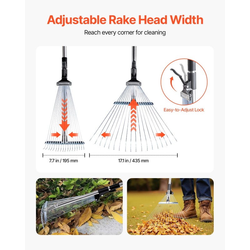 Lehtiharava ruostumattomasta teräksestä 18 piikkiä säädettävä varsi 820–1410 mm