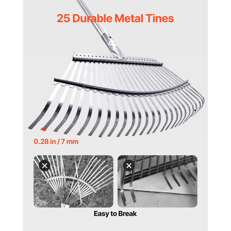 Lehtiharava ruostumattomasta teräksestä 25 metallipiikkiä 465 mm haravapää säädettävä varsi