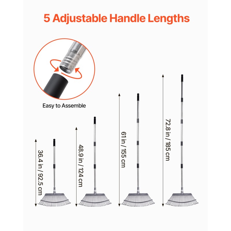 Lehtiharava ruostumattomasta teräksestä 25 metallipiikkiä 465 mm haravapää säädettävä varsi