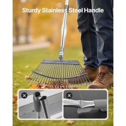 Lehtiharava ruostumattomasta teräksestä 25 metallipiikkiä 465 mm haravapää säädettävä varsi