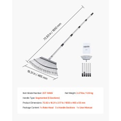 Lehtiharava ruostumattomasta teräksestä 25 metallipiikkiä 465 mm haravapää säädettävä varsi