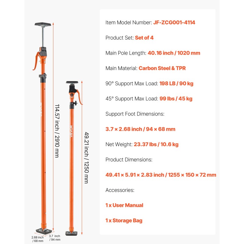 Tukitankosarja 4 kappaleen hiiliteräs TPR 125–291 cm kaappien ja kipsilevyjen tuentaan