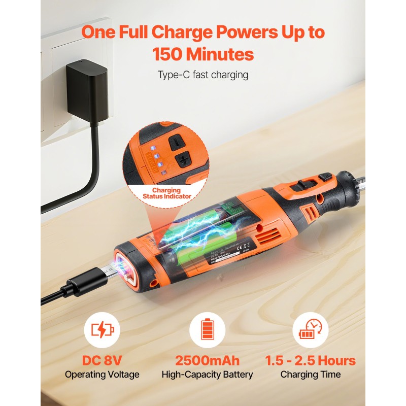 Akkukäyttöinen monitoimityökalu 136-osainen 8 V 5-portainen nopeudensäätö