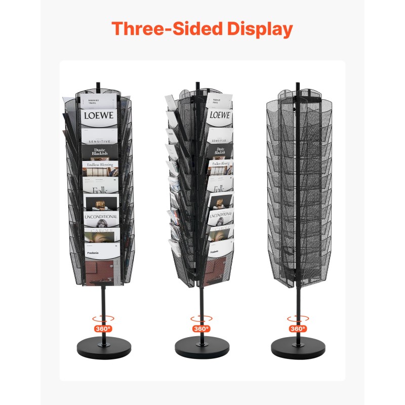 Pyörivä metallinen esiteteline 30 lokeroa A4-asiakirjoille kolmisivuinen