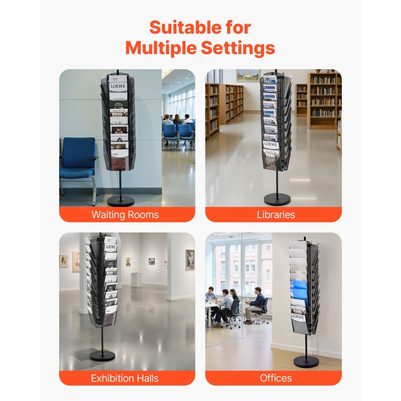 Pyörivä metallinen esiteteline 30 lokeroa A4-asiakirjoille kolmisivuinen