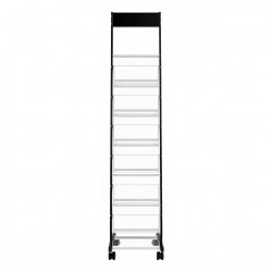 Metallinen lattiatasoinen esiteteline 6 tasoa kapea pyörillä esitteille ja aikakauslehdille