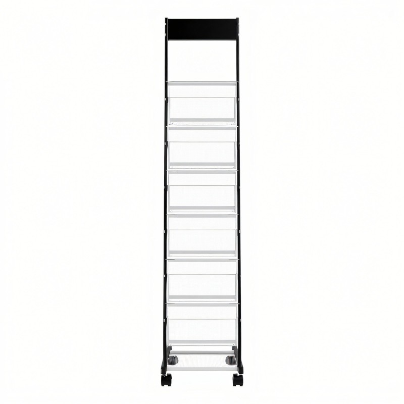 Metallinen lattiatasoinen esiteteline 6 tasoa kapea pyörillä esitteille ja aikakauslehdille