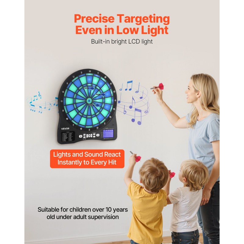 Elektroninen darttaulu PP-ABS 450×397 mm LED-taustavalaistu LCD-näyttö pehmeäkärkiset dartit