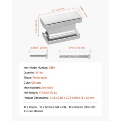 Kaapin ja laatikon suorakulmaiset nupit 10 kappaletta sinkkiseos kromi