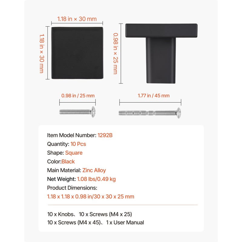 Kaapin nupit sinkkiseos neliö 30x30 mm 10 kpl musta