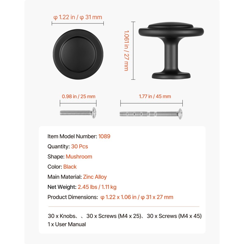 Kaapin nupit sinkkiseosta musta sienen muotoinen 30 kappaletta kaappeihin ja laatikoihin
