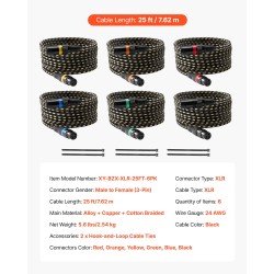 XLR-mikrofonikaapelisetti 6 kpl 7,62 m kultapinnoitetuilla 3-napaisilla liittimillä