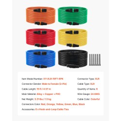 XLR-mikrofonikaapelit 6 kpl 4,57 m värikoodatut kullatut 3-nastaiset liittimet