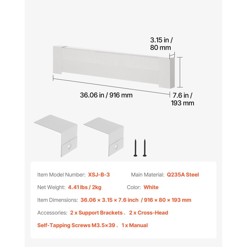 Jalkalistan lämmittimen etupaneeli Q235A-teräs 916 mm valkoinen puoliksi avoin reikäkuvio