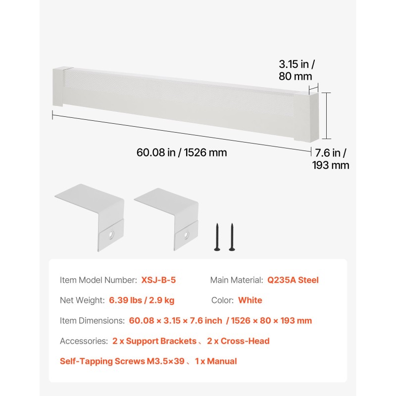 Jalkalistalämmittimen etupaneeli teräs 1526 mm valkoinen yleismallinen puoliksi avoin reiitys