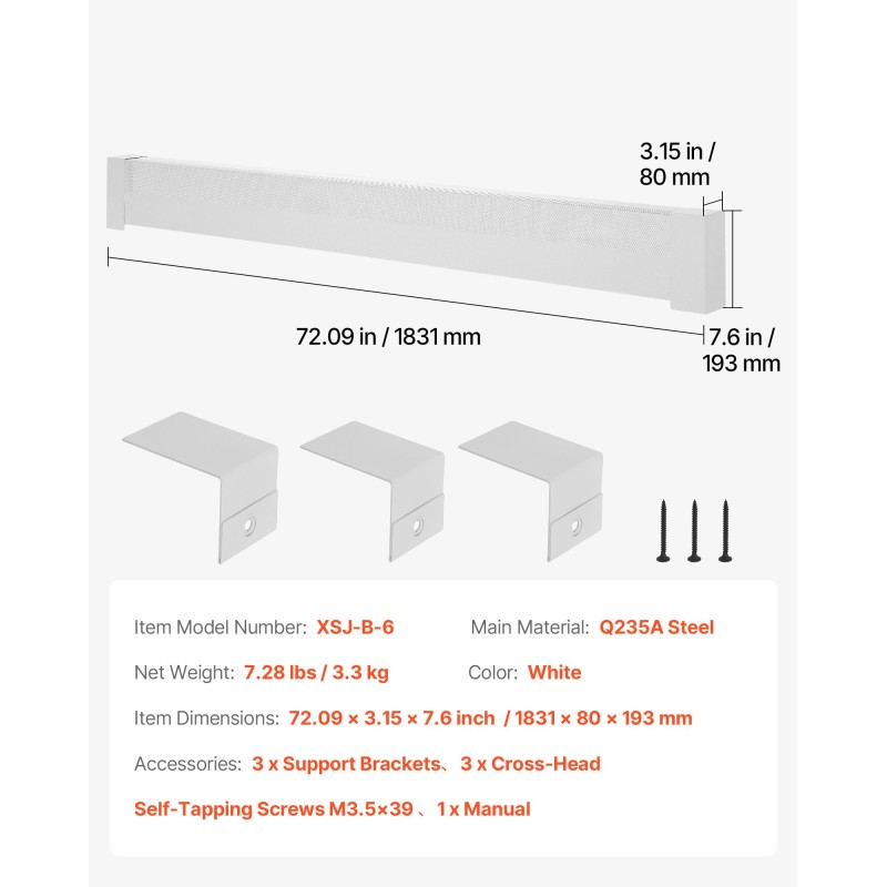 Jalkalistalämmittimen suojus teräs 1831 mm valkoinen ritilärakenne