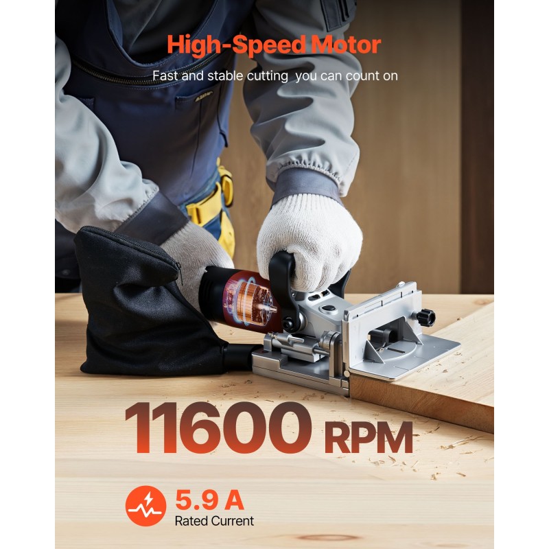 Lamellijyrsin 760 watin moottorilla kuusi syvyysasetusta kovametalliterällä pölypussilla huonekalujen liitoksiin