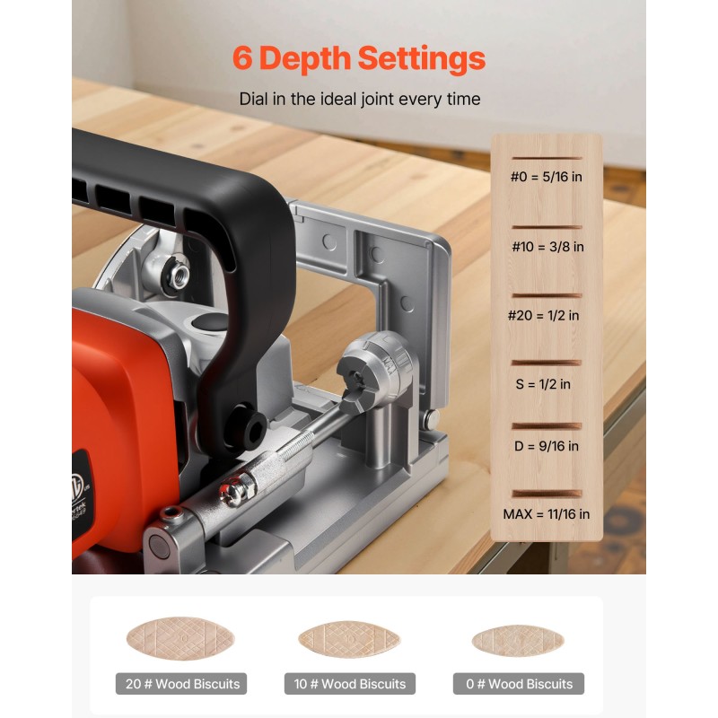 Lamellijyrsin 760 watin moottorilla kuusi syvyysasetusta kovametalliterällä pölypussilla huonekalujen liitoksiin