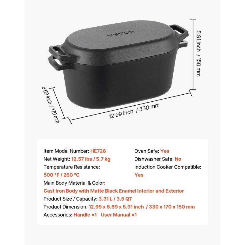 Valurautainen emaloitu kannellinen pata 3,31 l leivontaan ja hauduttamiseen uunille ja induktioliedelle