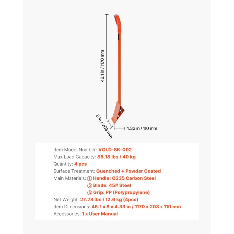 Kattotiilikola teräs 8 tuuman terä 1170 mm varsi D-muotoinen PP-kahva 4 kpl